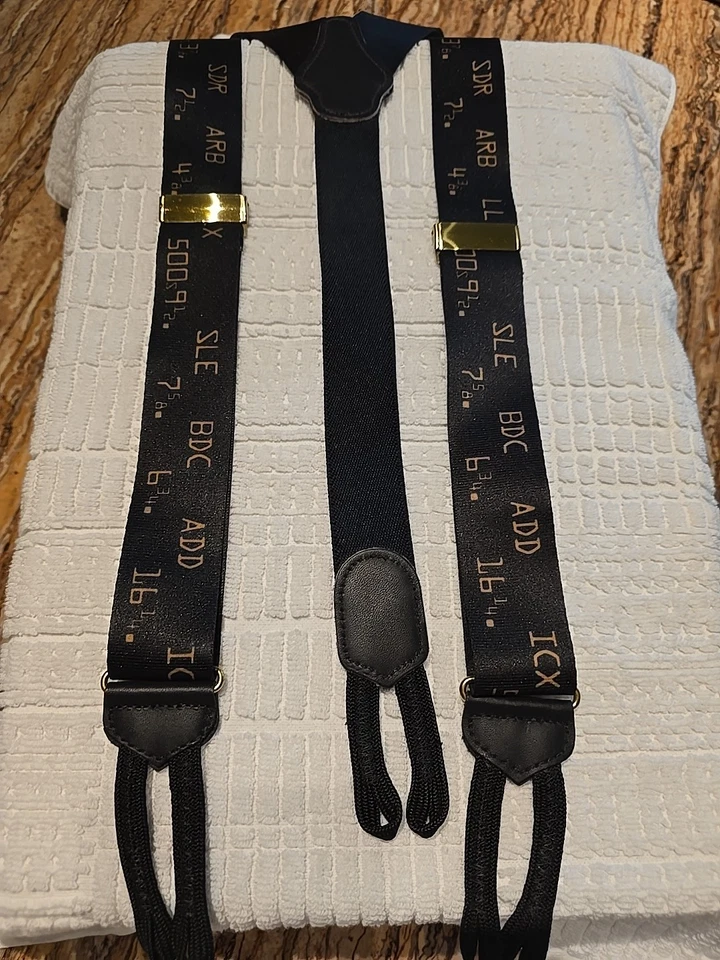 Suspensórios/suportes vintage 100% seda/couro preto com gráficos bronzeados. sem caixa - Imagem 1 de 3