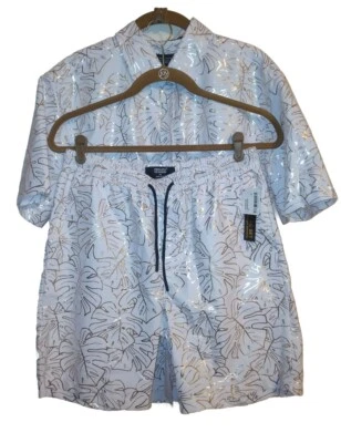 NUEVO CON ETIQUETAS 2 PIEZAS Conjunto de Camisa Corta Para Hombre Mediano Tropical Hoja Metálica Playa Conjunto Crucero  Foto 1 de 4