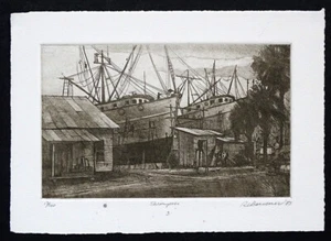 Vintage SHRIMPERS Shrimp Boats ETCHING by ROGER BANSEMER Safety Harbor Florida - Picture 1 of 4