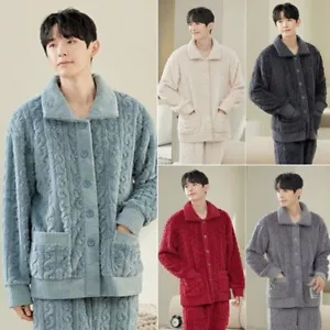 Mens Coral Fleece Pajama Set Thick Warm Long Sleeve Button Top Pants Nightwear - Picture 1 of 16
