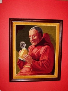 Happy Beer Drinking Monk Red Robe Stein ANTIQUE VINTAGE Handmade Needlepoint Art - Picture 1 of 12