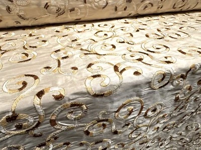 Taft Kunstseide Stoff, Meterware - Metallic Swirl Stickerei - Gold & Braun - Bild 1 von 3