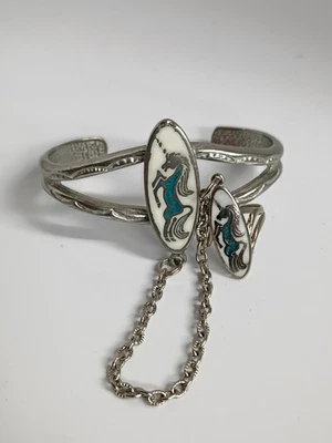 Anillo Brazalete Esclavo Vintage EGE '89 Turquesa Coral Incrustación Talla 6 Unicornio Foto 1 de 4
