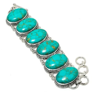 Copper Turquoise Gemstone Handmade 925 Sterling Silver Bracelet Jewelry For Gift - Picture 1 of 6