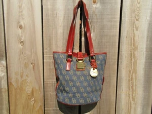 Vintage Dooney & Bourke Blue Red Denim DB Print North South Bucket Shoulder Bag - Picture 1 of 12