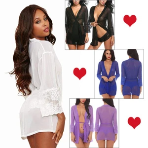 Women's Sexy Lingerie Lace Long Sleeves Silk Satin Robe Dress Babydoll Sleepwear - Picture 1 of 88