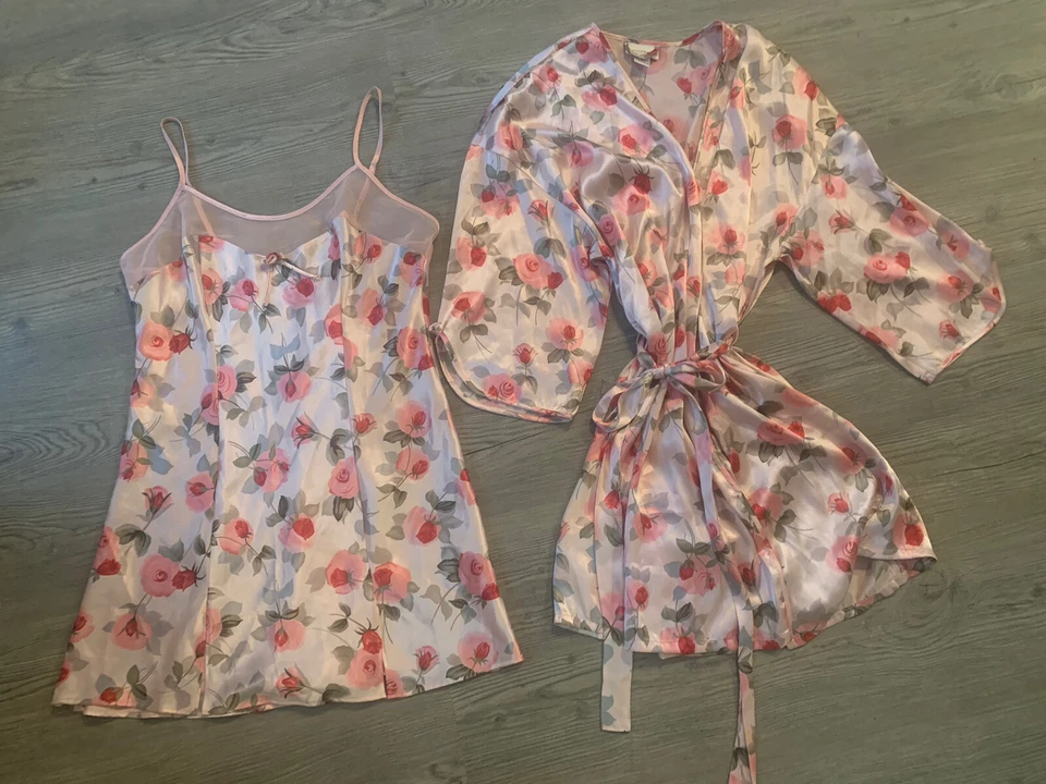 "Juego de camisón vintage Jaclyn Smith L Chemise rosa rosas bata peignoir sexy 36""" Foto 1 de 4
