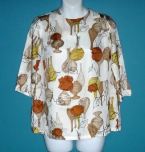 Vtg 60s Silky Fabric Blouse Roses & Bottles Vases Print Browns Sz S/M  *REPAIR* - Picture 1 of 15
