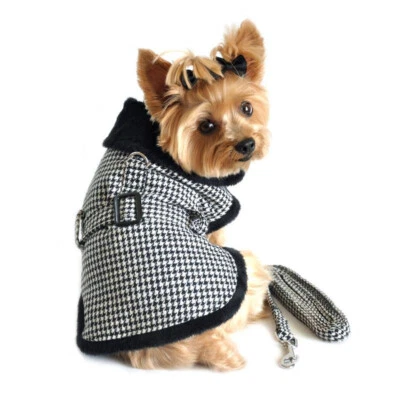 Designer B&W  Plaid and Fur Dog Coat Harness & Matching Leash (Medium) - Image 1 of 2