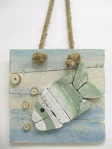 FISH plaque Wall Decor Wood Plank Art~ Beach Nautical Ocean 8"x8" - Picture 1 of 6