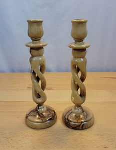 "Par de candelabros de madera torneados retorcidos de colección tallados giro en espiral 7,5""" - Imagen 1 de 9