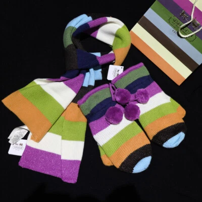 NUEVO CON ETIQUETAS COACH Legacy Rayas Multi Silenciador Largo Envolvente Bufanda + Conjunto de Guantes Mitten Nuevo $196 Foto 1 de 4