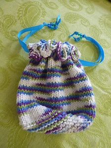 Crocheted Bag Large Beaded Blue Purple Green White Drawstring Handmade Gift Bag - Picture 1 of 4