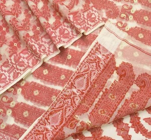 Sushila Vintage Cream Jamdani Saree Pure Silk Supernet Paisley Woven Sari Fabric - Picture 1 of 10