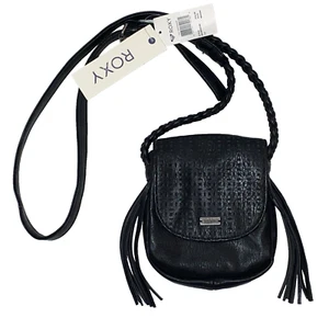NWT Y2k Vintage ROXY Faux Black Leather Mini Crossbody Bag Fringe - Picture 1 of 5