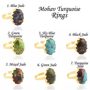 Coper Turquoise Rings, Oval Mohave Turquoise Jade Gold Plated Adjustable Rings - Picture 1 of 30