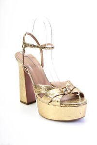 Aquazzura Womens Platform Metallic Ankle Strap Sandals Gold Leather Size 38.5