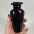 Vintage Black Amethyst Glass Bud Vase Ruffle Top 5 1/2” Tall
