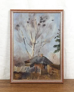 Dipinto olio vintage di capanna rustica con alberi nudi e corvi, artista Ivanenko - Foto 1 di 10