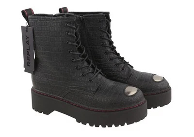Replay Mujer Botas EU40 Negro Ortholite Croc Patrón Suela Plataforma Tobillo Top - Imagen 1 de 4
