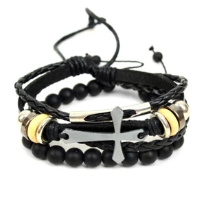 Juego de pulsera de dos piezas "Cruz" de cuero genuino y piedra natural para hombre - Imagen 1 de 7