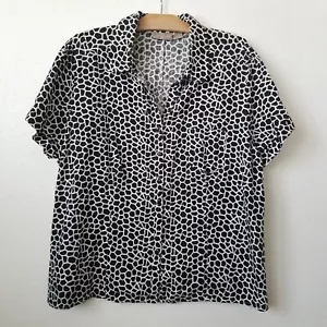 Kim Rogers Womens 2X 100% Linen Button Up Blouse Short Sleeve Shirt Black White - Picture 1 of 7
