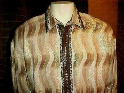 CAMISA VINTAGE PARA HOMBRE ALBERTO CELINI SEDA METÁLICA BEIGE TOSTADO Y BLANCO NEGRO XLARGE Foto 1 de 4