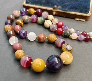 Purple yellow chunky banded agate quartz mixed gemstone bead necklace steel - Picture 1 of 12