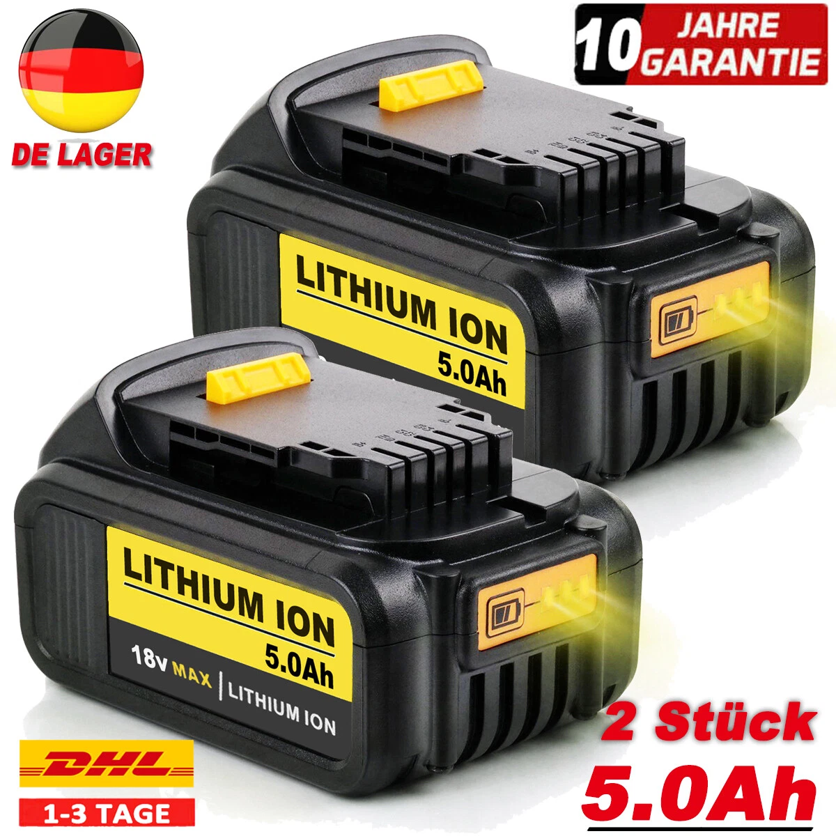 2x Dewalt 18V Akku 5000mAh Ersatz + 1x Ladegerät DCB107 – Kompatibel Mit Vielen 18V DeWalt Werkzeugen