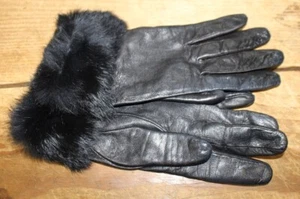 Vintage schwarze italienische Leder & Kaninchenfell Handschuhe - Bild 1 von 4