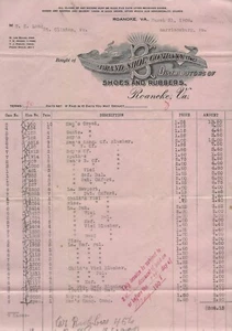 Raro Marzo 1908 Marca Shoe Company Roanoke, Virginia Factura con Notas - Imagen 1 de 1