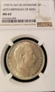 1930 DENMARK SILVER 2 KRONER 60TH BIRTHDAY OF CHRISTIAN X NGC MS 62 - Picture 1 of 3