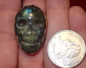 Skull Carved Gemstone Labradorite Face in Sterling Silver Ring. adjustable - Picture 1 of 6