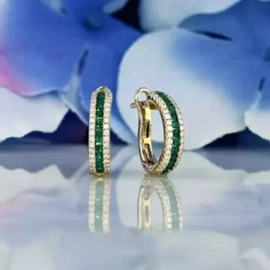 2Ct Round Cut Simulated Emerald Women's Hoop Earring In 14K Yellow Gold Plated - Picture 1 of 6