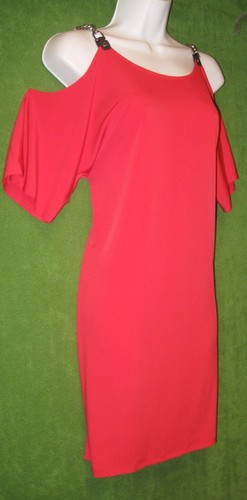 Abito da cocktail sociale Michael Kors vero rosso spalle fredde catena jersey XS $120