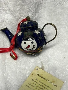 Christmas Teapot ornament snowman tag stars blue vintage.Cloisonne Enamel - Picture 1 of 6