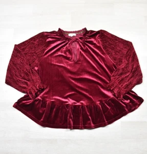 Umgee Samt Rüschen Bindekragen Langarm Top Rot Boho Hippie Größe L - Bild 1 von 5