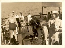 GA101 Original Photo PASSENGERS ON CRUISE SHIP Woman in Bathing Swmsuit Deck