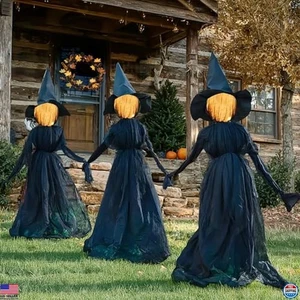 5 Fuß Halloween Hexe Dekorationen 3er Set, beleuchtete Gartenpfähle im Freien - Bild 1 von 6