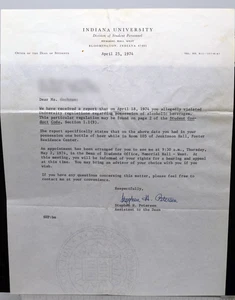 Vintage Indiana University ZURECHTWEISUNGSSCHREIBEN zum Trinken eines Bieres!  LESEN - Bild 1 von 4