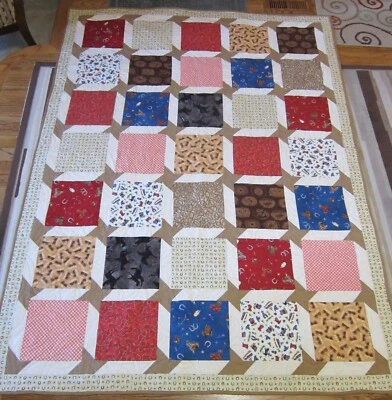 Colcha de tamanho completo feita à mão EUA - Tema Cowboy - 66 x 88" vermelho azul marrom estrelas - Imagem 1 de 4