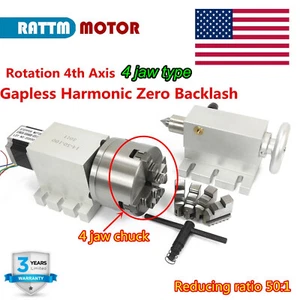 【US】 CNC Router Rotation 4th Axis 4 Jaw Chuck Harmonic Reducer 50:1 Rotary Table - Picture 1 of 13