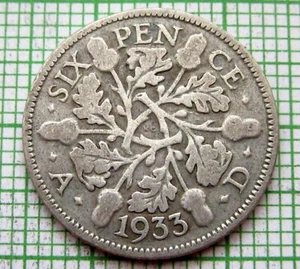 GREAT BRITAIN GEORGE V 1933 6 PENCE SIXPENCE, ACORNS, SILVER - Picture 1 of 4