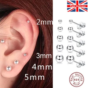 Genuine 925 Sterling Silver Ball Stud Earrings Round 1 Pair Solid Silver Crystal - Picture 1 of 19