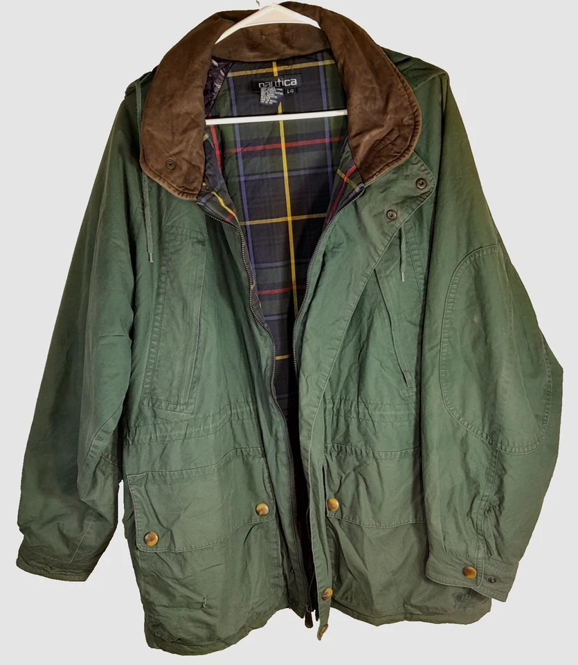 Chaqueta de Colección Nautica Chore Para Hombre Grande Verde Forrada a Cuadros Borde de Cuero Foto 1 de 4