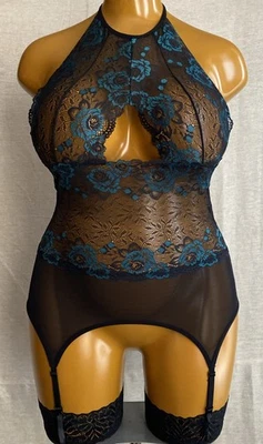 Ann Summers Halter Neck Cami Suspender, Black Mesh & Green Lace, UK 12-14 - Image 1 of 4