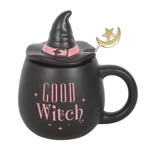 Ceramic Pink/Black Good Witch Lidded Mug With Hat & Metal Crescent Moon Spoon - Picture 1 of 5