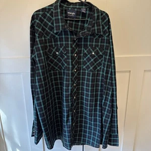 Wrangler Western Shirt Pearl Snap Men's 3XLT Tall 3XT Blue Plaid Cowboy Shirt - Picture 1 of 9