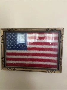 Vintage Latch Hook American Flag Framed Wall Hanging Red White Blue USA 4th July - Picture 1 of 9