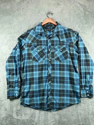 Mens Shirts Large Button Up Casual Country Blue Black Plaid Pearl Snap - Image 1 of 4